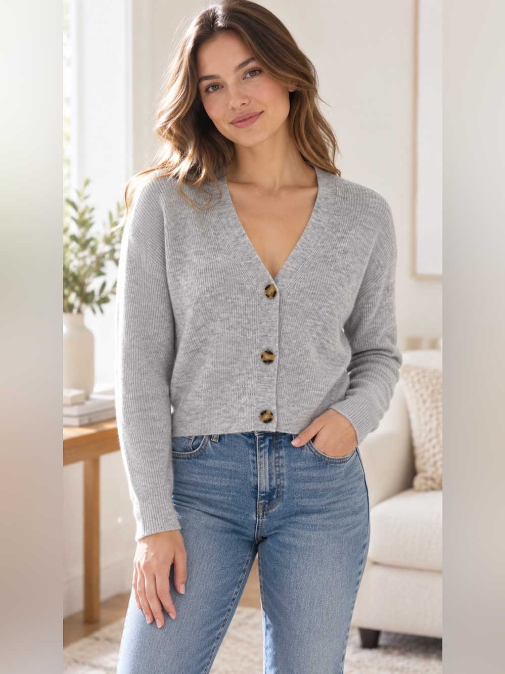 Quince Light Gray Ribbed V-Neck Cardigan with Tortoiseshell Buttons
